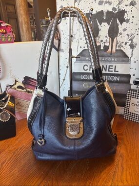 Brighton One World Graffiti Lock Hobo. Navy Blue/Black Pebbled Leather